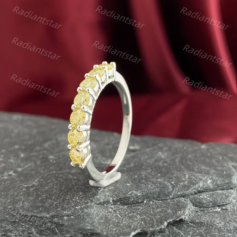 NEW Certified 3mm Lemon Yellow Moissanite 7 Stone Half Eternity Band Ring